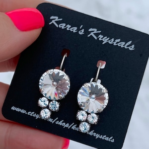 EMMA Swarovski Crystal 12mm lever back dangle earrings with small crystal accents in antique silver - nickel free