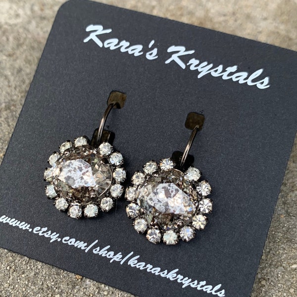 ROCK SOLID Swarovski 10mm cushion cut lever back dangle earrings with a clear rhinestone halo in a hematite setting - silver patina crystal