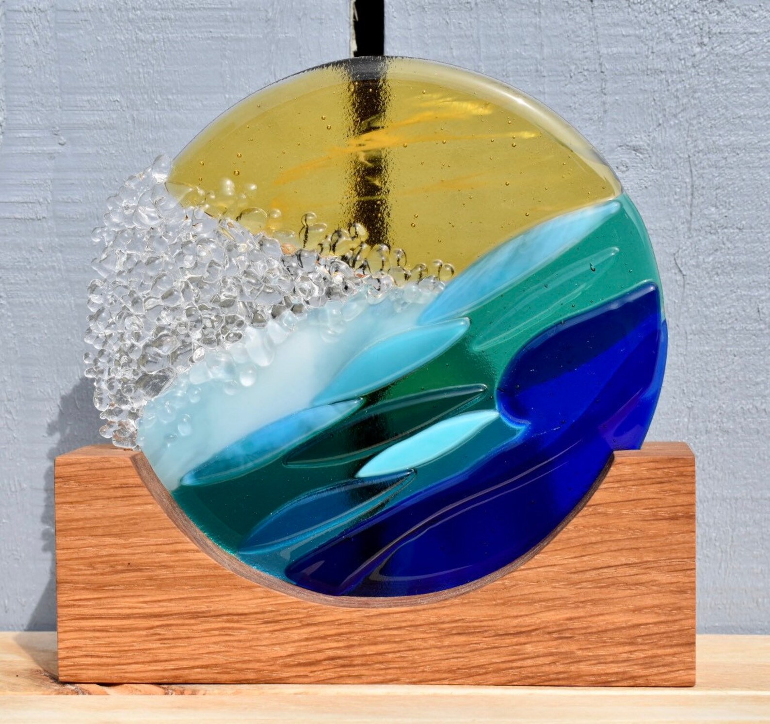 Fused Glass Seascape In Oak Stand Medium Etsy