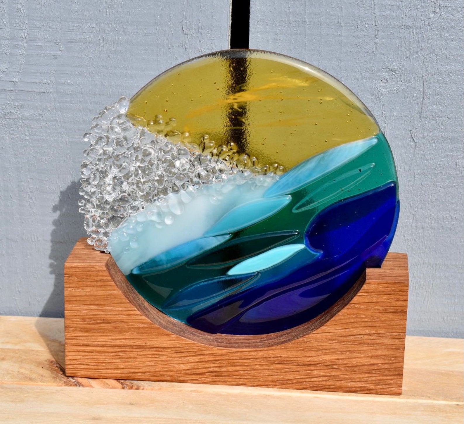 Fused Glass Seascape In Oak Stand Medium Etsy
