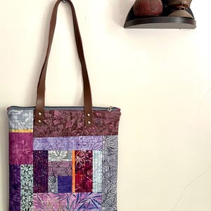 Purple Patchwork Quilted Tote Bag with Genuine Leather Straps, quilted iPad or tablet Case with strapes