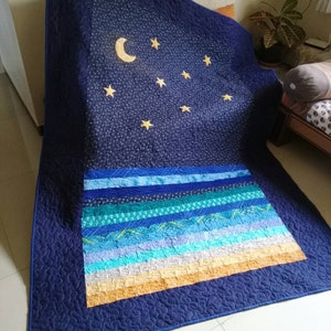 Ocean quilt, stary night quilt, full size quilt, moon quilt, Handmade quilt sale, twin quilt, modern throw quilt, Queen size quilt, blue qui