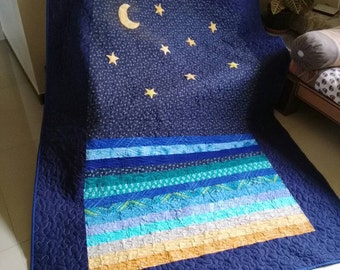 Ocean quilt, stary night quilt, full size quilt, moon quilt, Handmade quilt sale, twin quilt, modern throw quilt, Queen size quilt, blue qui