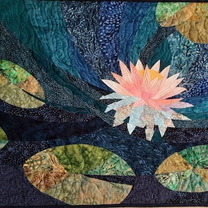 Lotus art quilt, water lily fiber art, quilted wall hanging, wall quilt, floral art, blue and green wall art, pink lotus, room decoration image 2