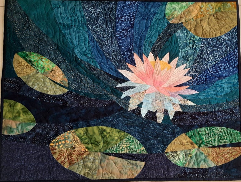 Lotus art quilt, water lily fiber art, quilted wall hanging, wall quilt, floral art, blue and green wall art, pink lotus, room decoration image 2