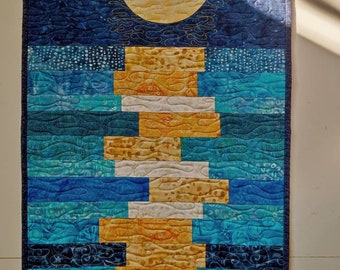 Moon art, moon reflection quilt, quilted wall hanging, wall art quilt, moon decor, wall decor, tapestry, blue wall quilt, blue wall decor,