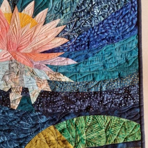 Lotus art quilt, water lily fiber art, quilted wall hanging, wall quilt, floral art, blue and green wall art, pink lotus, room decoration image 5