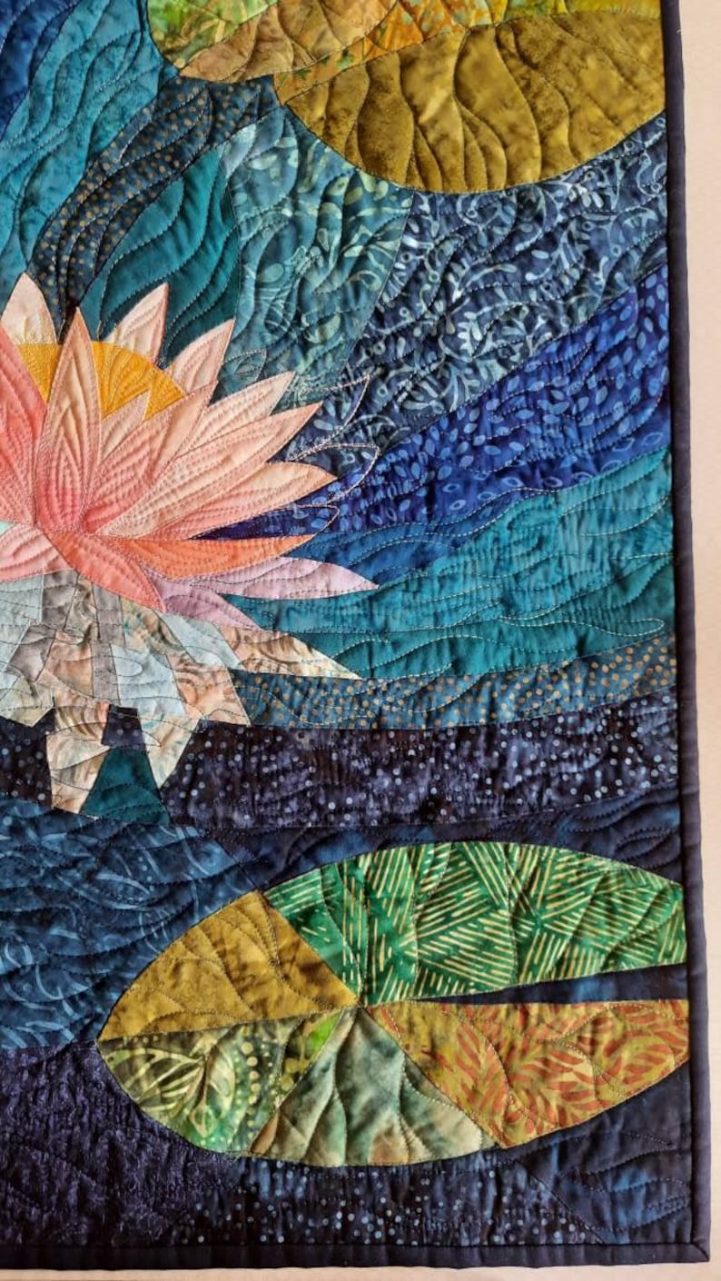 Lotus art quilt, water lily fiber art, quilted wall hanging, wall quilt, floral art, blue and green wall art, pink lotus, room decoration image 5