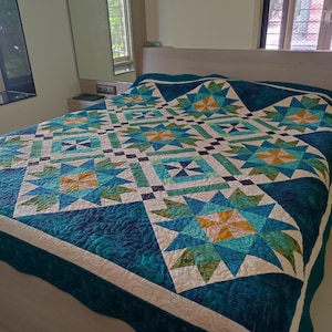 Queen size quilt, blue and green quilt, bed quilt, custom queen quilt, wedding gift, gift for her, handmade quilt sale, homemade quilt image 2