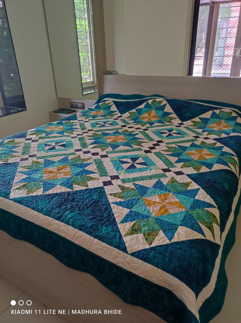 Queen size quilt, blue and green quilt, bed quilt, custom queen quilt, wedding gift, gift for her, handmade quilt sale, homemade quilt image 2