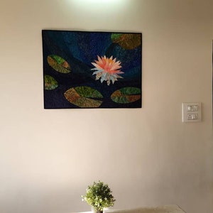 Lotus art quilt, water lily fiber art, quilted wall hanging, wall quilt, floral art, blue and green wall art, pink lotus, room decoration image 3