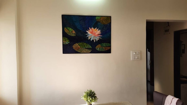 Lotus art quilt, water lily fiber art, quilted wall hanging, wall quilt, floral art, blue and green wall art, pink lotus, room decoration image 3