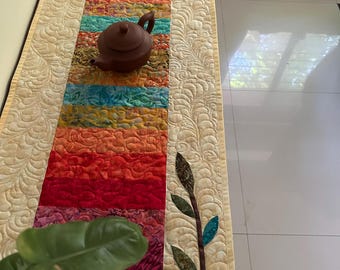Quilted batik table runner. Ombre quilt. Rainbow runner. Pot holder. Table topper. Boho home decor. Handmade quilt sale. Mother’s Day gift