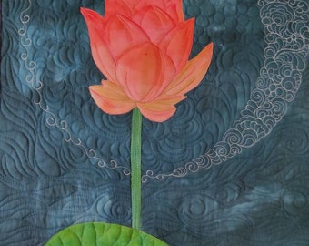 Lotus art, moon wall art, quilted wall art, blue wall art, textile art, pink lotus art