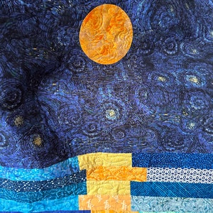 Stary night quilt, van gogh inspired art, star quilt, quilted throw, stars in the night sky throw, moon patchwork quilt, homemade quilt sale image 5