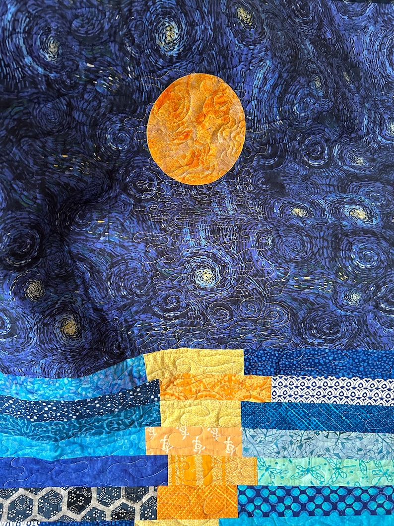Stary night quilt, van gogh inspired art, star quilt, quilted throw, stars in the night sky throw, moon patchwork quilt, homemade quilt sale image 5