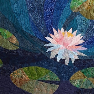 Lotus art quilt, water lily fiber art, quilted wall hanging, wall quilt, floral art, blue and green wall art, pink lotus, room decoration image 1