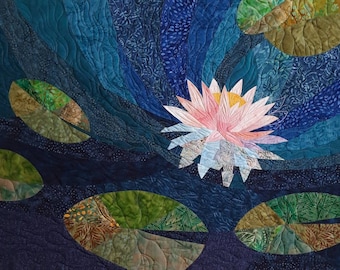 Lotus art quilt, water lily fiber art, quilted wall hanging, wall quilt, floral art, blue and green wall art, pink lotus, room decoration