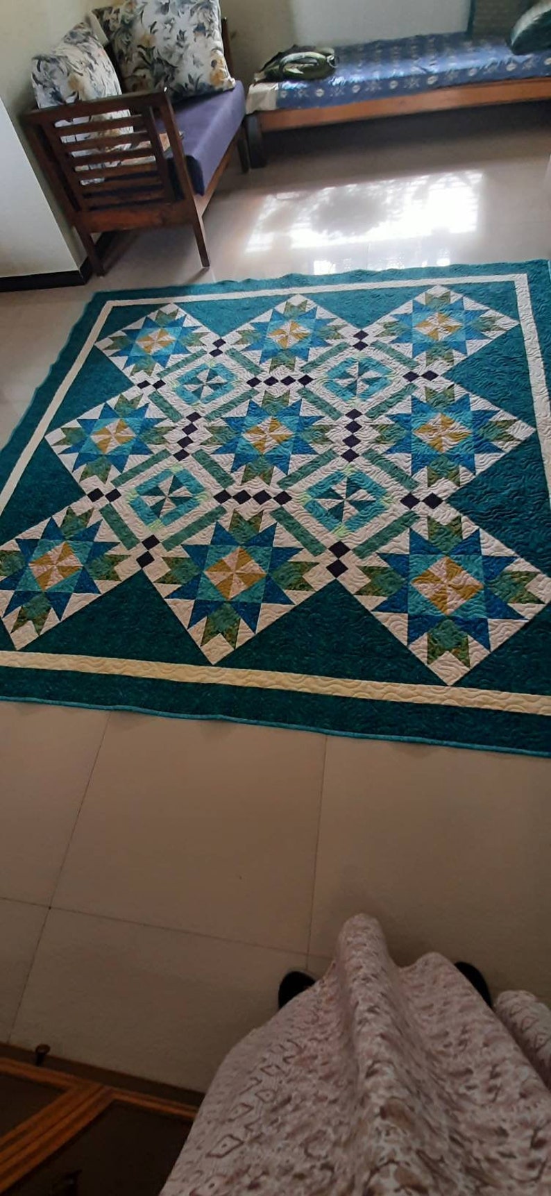 Queen size quilt, blue and green quilt, bed quilt, custom queen quilt, wedding gift, gift for her, handmade quilt sale, homemade quilt image 5