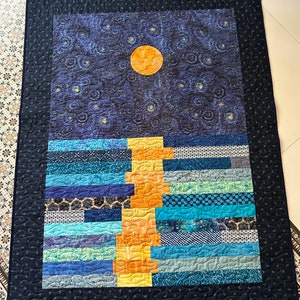 Stary night quilt, van gogh inspired art, star quilt, quilted throw, stars in the night sky throw, moon patchwork quilt, homemade quilt sale image 6