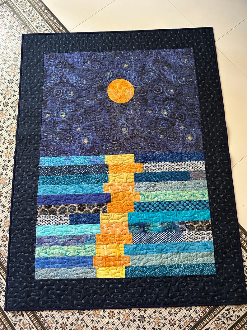 Stary night quilt, van gogh inspired art, star quilt, quilted throw, stars in the night sky throw, moon patchwork quilt, homemade quilt sale image 6