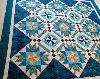 Queen size quilt, blue and green quilt, bed quilt, custom queen quilt, wedding gift, gift for her, handmade quilt sale, homemade quilt