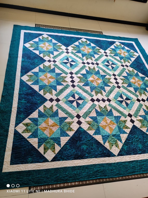 Queen size quilt, blue and green quilt, bed quilt, custom queen quilt, wedding gift, gift for her, handmade quilt sale, homemade quilt