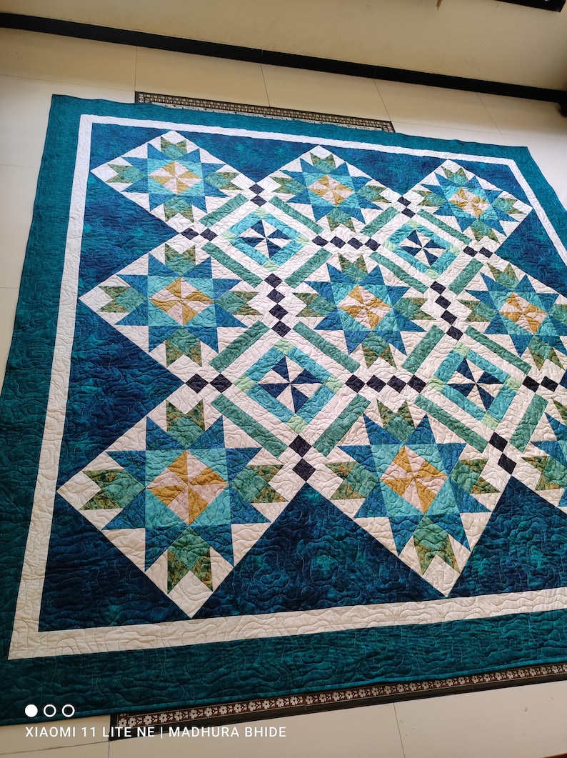 Queen size quilt, blue and green quilt, bed quilt, custom queen quilt, wedding gift, gift for her, handmade quilt sale, homemade quilt image 1