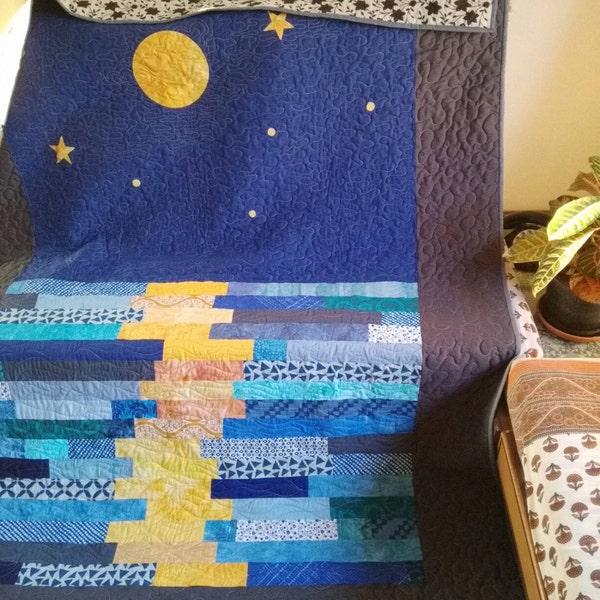 Moon reflection quilt, stary night quilt, Blue ocean quilt, Handmade quilt, blue twin quilt, Queen size quilt, quilted throw, modern quilt