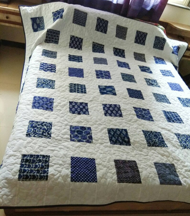 Homemade Quilt, Blue and White Quilt, Queen Size Quilt, Patchwork Quilt