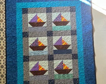 Nautical theme blue baby quilt, sailboat quilt, ocean and star crib quilt, toddler bedding, sailboat decor, handmade cotton baby quilt sale