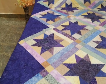 Purple quilt, king size quilt, star quilt, homemade quilt, handmade quilt, patchwork quilt, gift for him, mother's day gift
