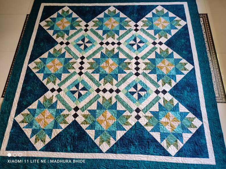 Queen size quilt, blue and green quilt, bed quilt, custom queen quilt, wedding gift, gift for her, handmade quilt sale, homemade quilt image 8