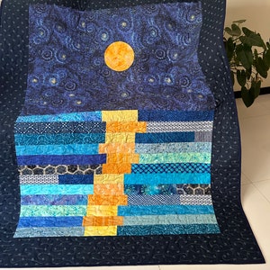 Stary night quilt, van gogh inspired art, star quilt, quilted throw, stars in the night sky throw, moon patchwork quilt, homemade quilt sale image 7