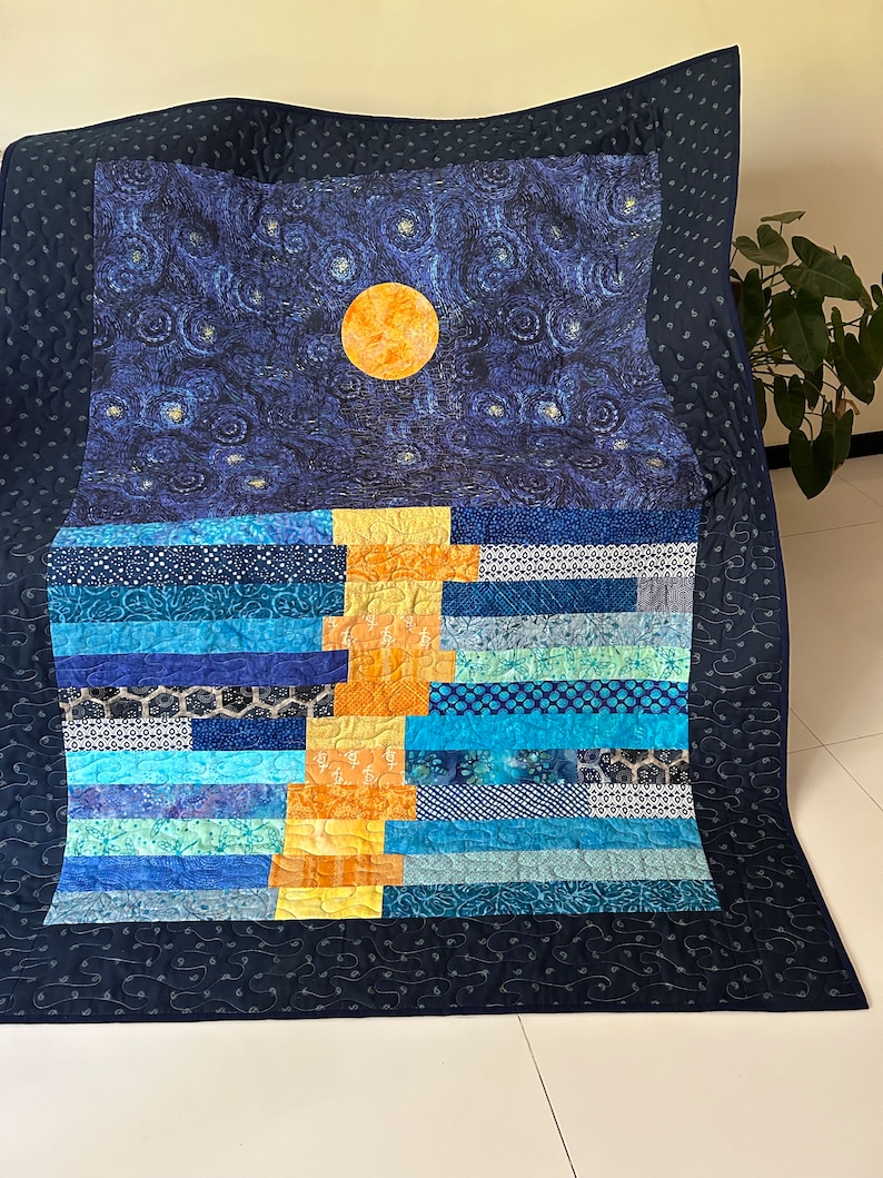 Stary night quilt, van gogh inspired art, star quilt, quilted throw, stars in the night sky throw, moon patchwork quilt, homemade quilt sale image 7