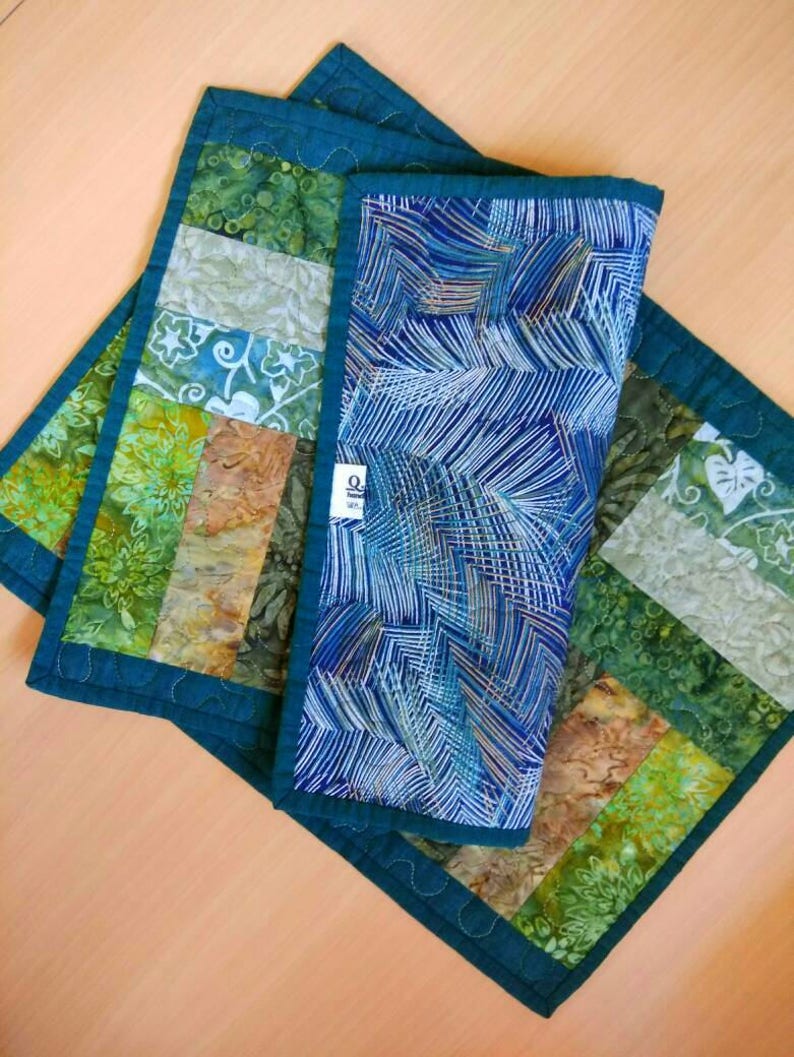 Quilted Placemats, Green Batik Table Runner, Leaf Green Table Topper