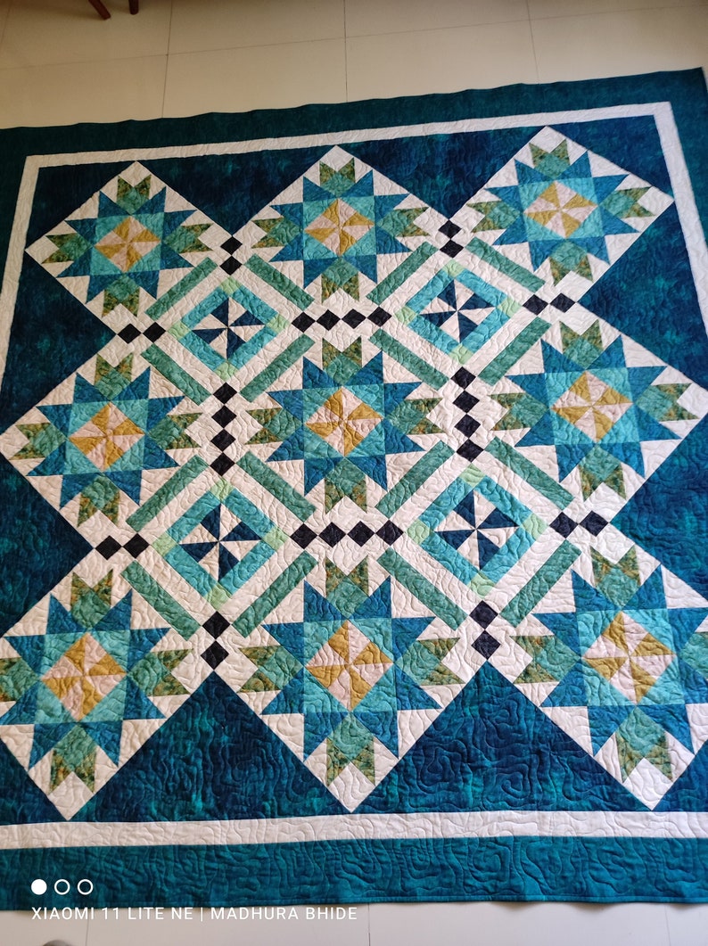 Queen size quilt, blue and green quilt, bed quilt, custom queen quilt, wedding gift, gift for her, handmade quilt sale, homemade quilt image 9