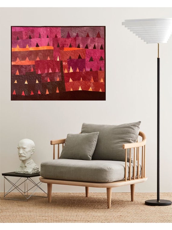 Contemporary art, red wall art quilt, textile art, modern wall piece, landscape art quilt , contemporary design, red fiber art