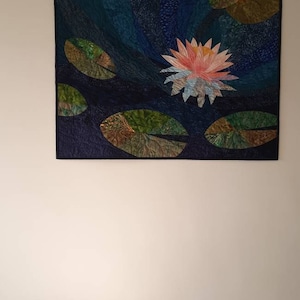 Lotus art quilt, water lily fiber art, quilted wall hanging, wall quilt, floral art, blue and green wall art, pink lotus, room decoration image 6