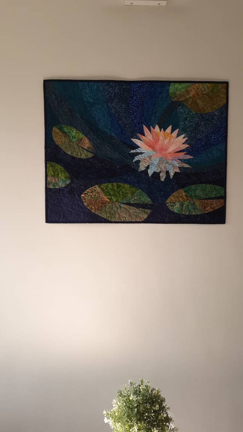 Lotus art quilt, water lily fiber art, quilted wall hanging, wall quilt, floral art, blue and green wall art, pink lotus, room decoration image 6