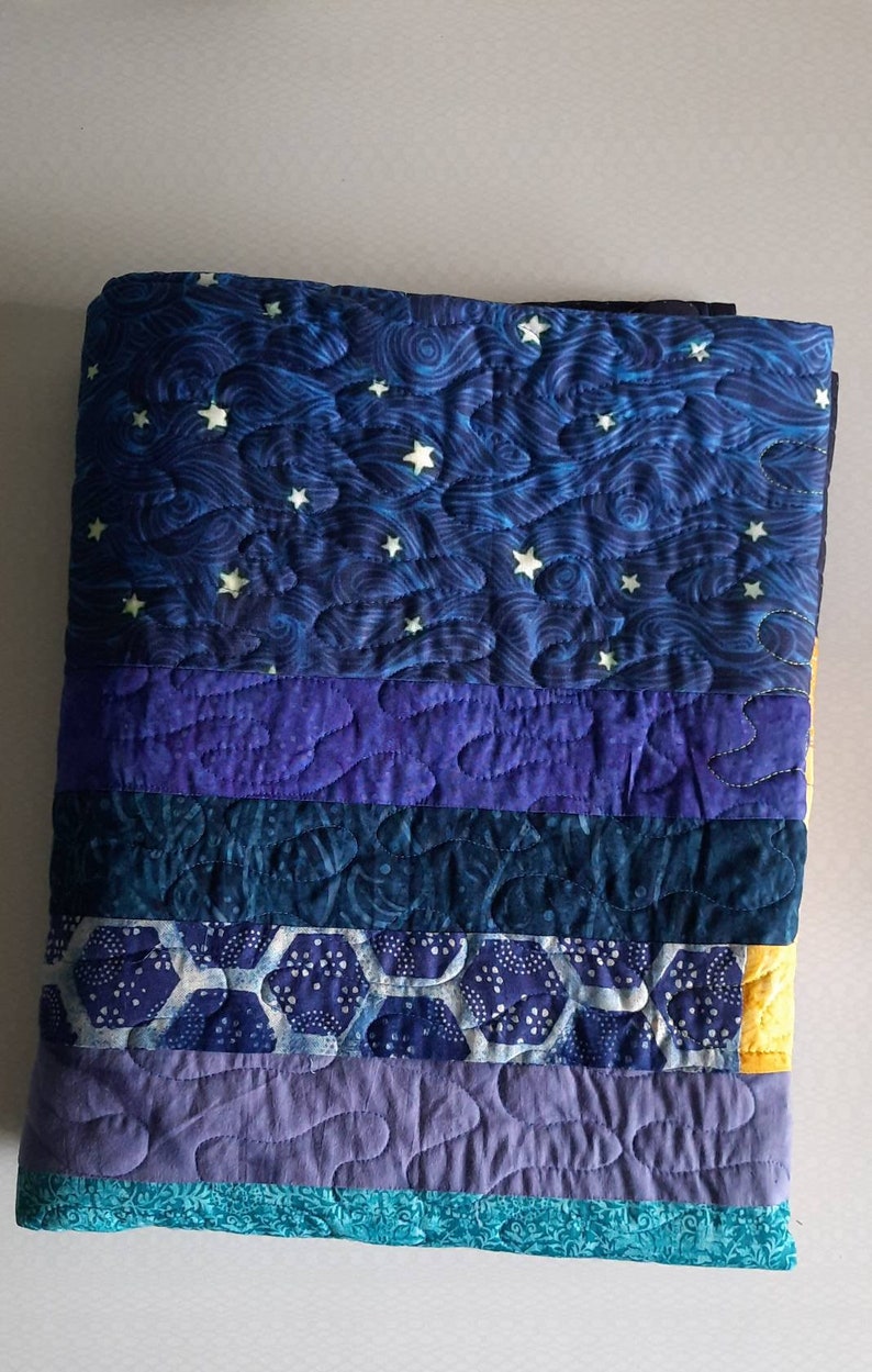 Stary night quilt, van gogh inspired art, star quilt, quilted throw, stars in the night sky throw, moon patchwork quilt, homemade quilt sale image 8