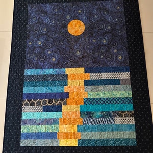 Stary night quilt, van gogh inspired art, star quilt, quilted throw, stars in the night sky throw, moon patchwork quilt, homemade quilt sale image 3