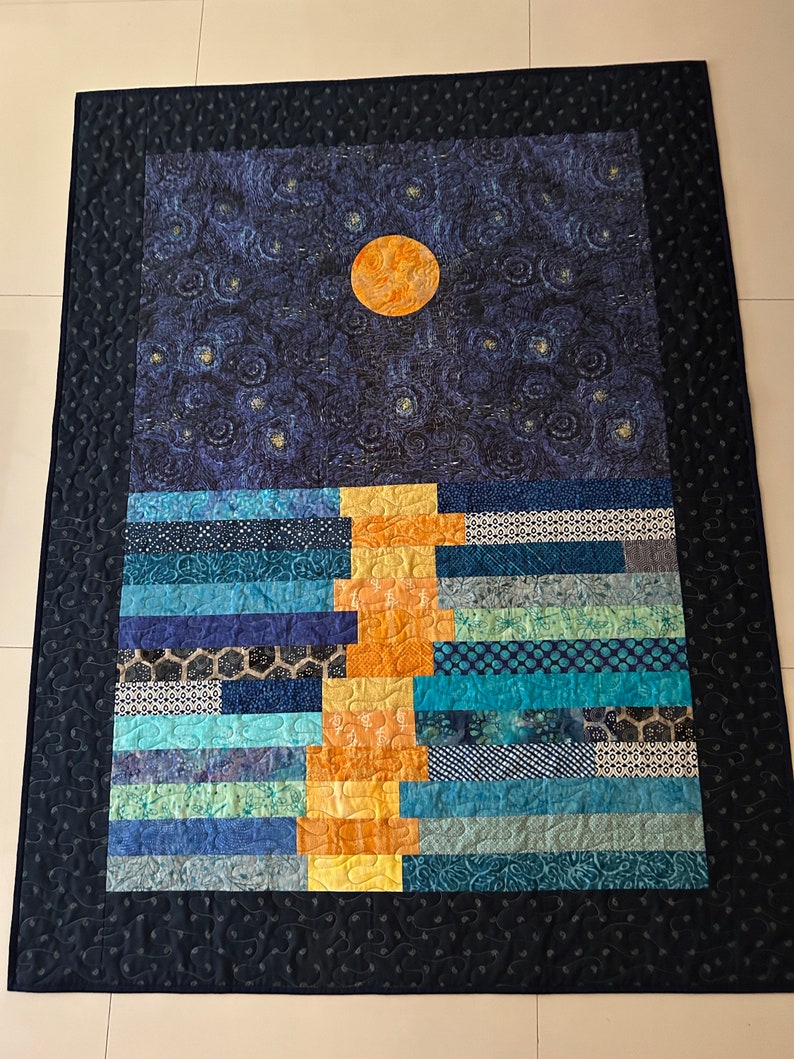 Stary night quilt, van gogh inspired art, star quilt, quilted throw, stars in the night sky throw, moon patchwork quilt, homemade quilt sale image 3