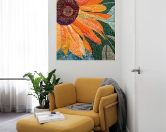 Sunflower Art quilt. Wall hanging. Wall art quilt. Contemporary flower design. Quilted art. Sunflower quilt. Art quilt sale. Room decor.