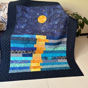 Stary night quilt, van gogh inspired art, star quilt, quilted throw, stars in the night sky throw, moon patchwork quilt, homemade quilt sale image 2