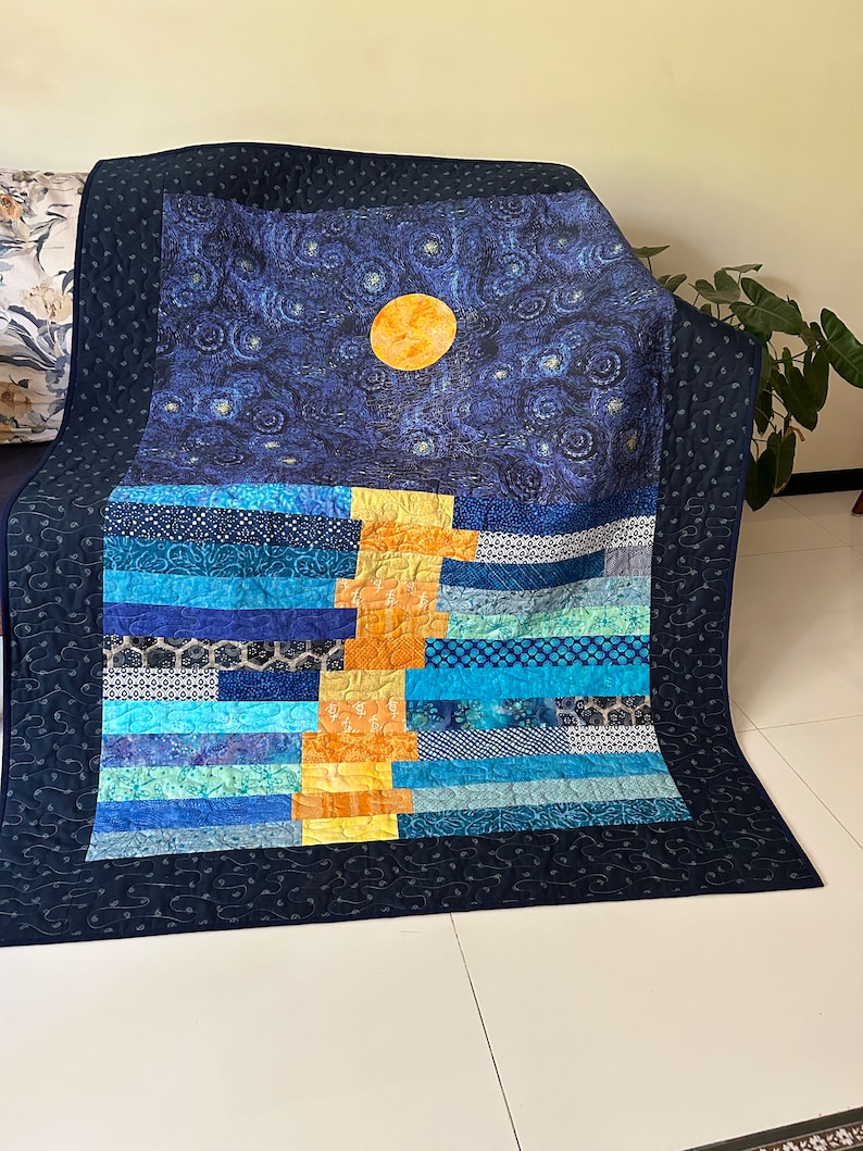 Stary night quilt, van gogh inspired art, star quilt, quilted throw, stars in the night sky throw, moon patchwork quilt, homemade quilt sale image 2