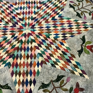 May include: A quilt featuring a large central star composed of numerous small, multicolored diamond-shaped fabric pieces in shades of red, blue, green, and brown, set against a light gray background with floral vine appliques.