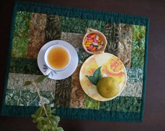 Quilted placemats, green batik table runner, leaf green table topper, dining mats, quilted table topper, mug rugs, homemade quilt sale