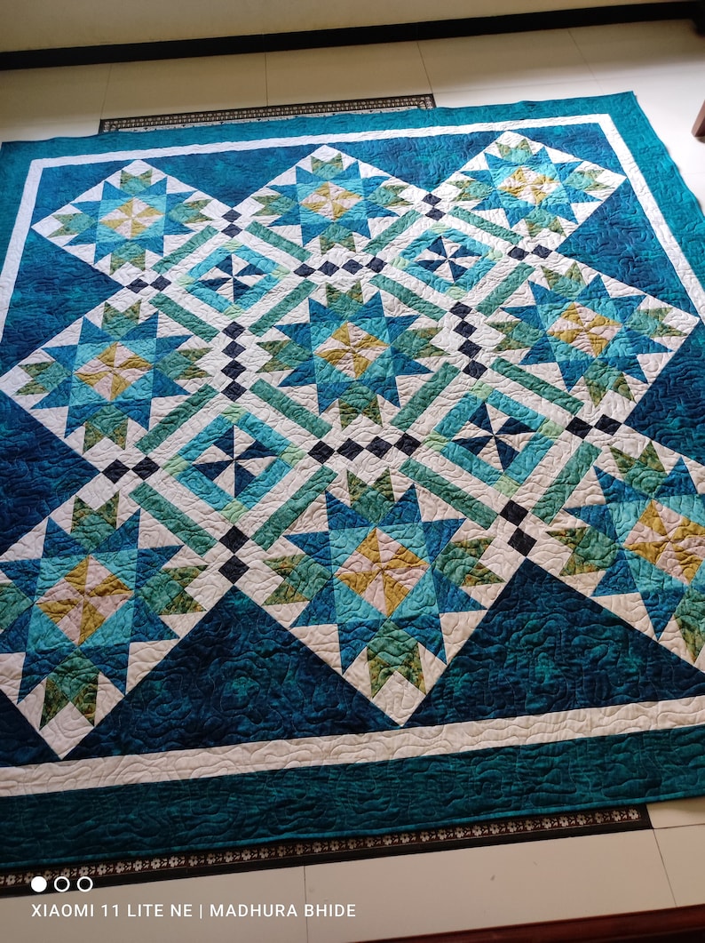 Queen size quilt, blue and green quilt, bed quilt, custom queen quilt, wedding gift, gift for her, handmade quilt sale, homemade quilt image 7