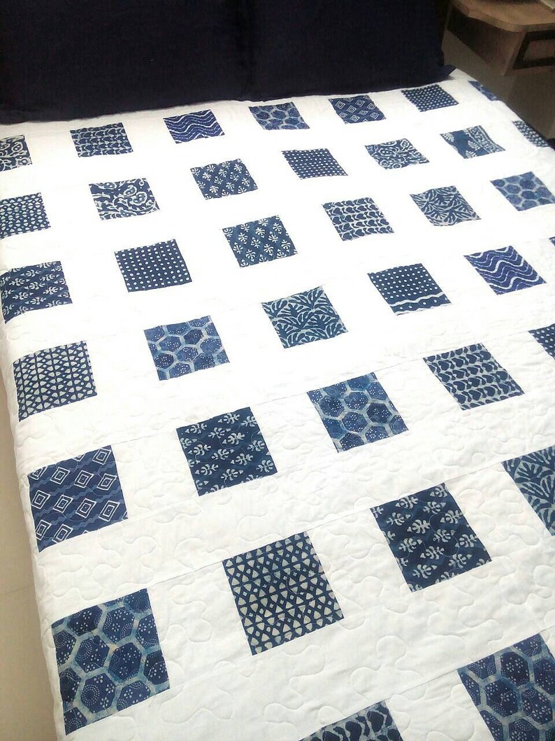 Homemade Quilt Blue and White Quilt Queen Size Quilt Etsy